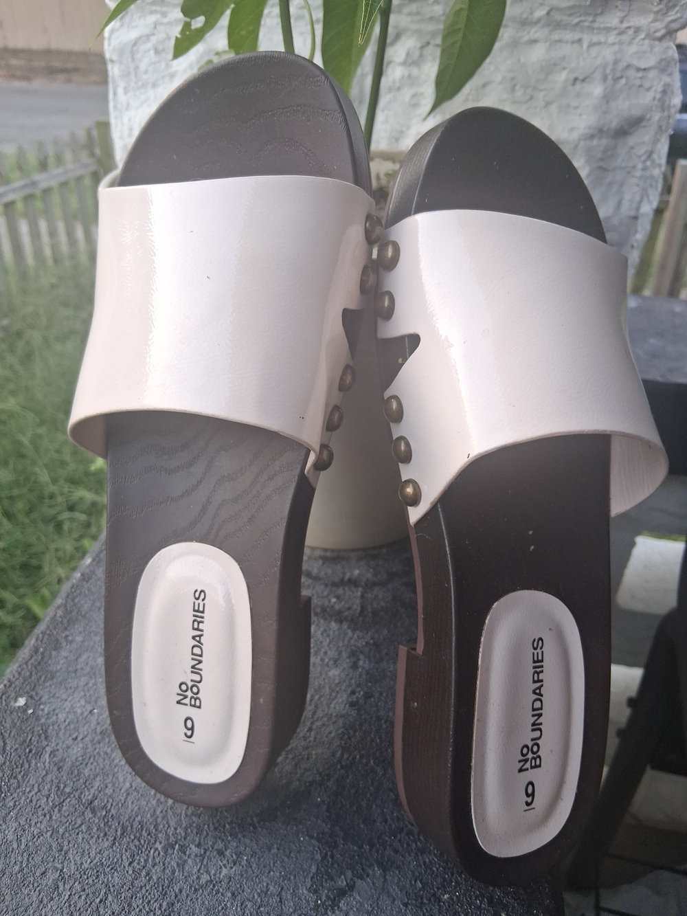 No Boundaries Cream Slide Sandals with Stud Accents
